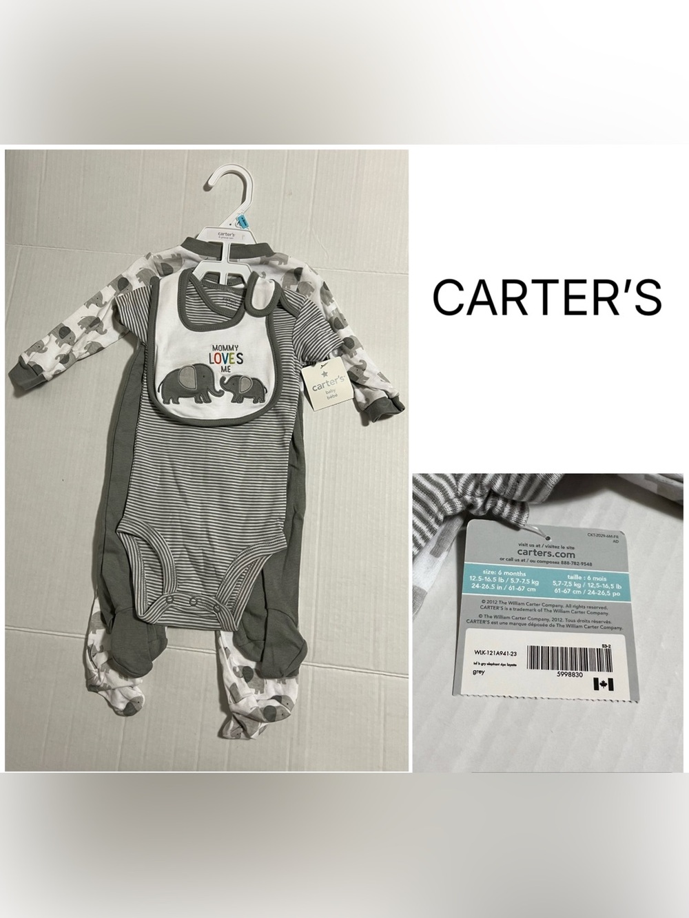 CARTER’S - 6M - NWT - INFANT BOYS 4PC GREY ELEPHANT SET